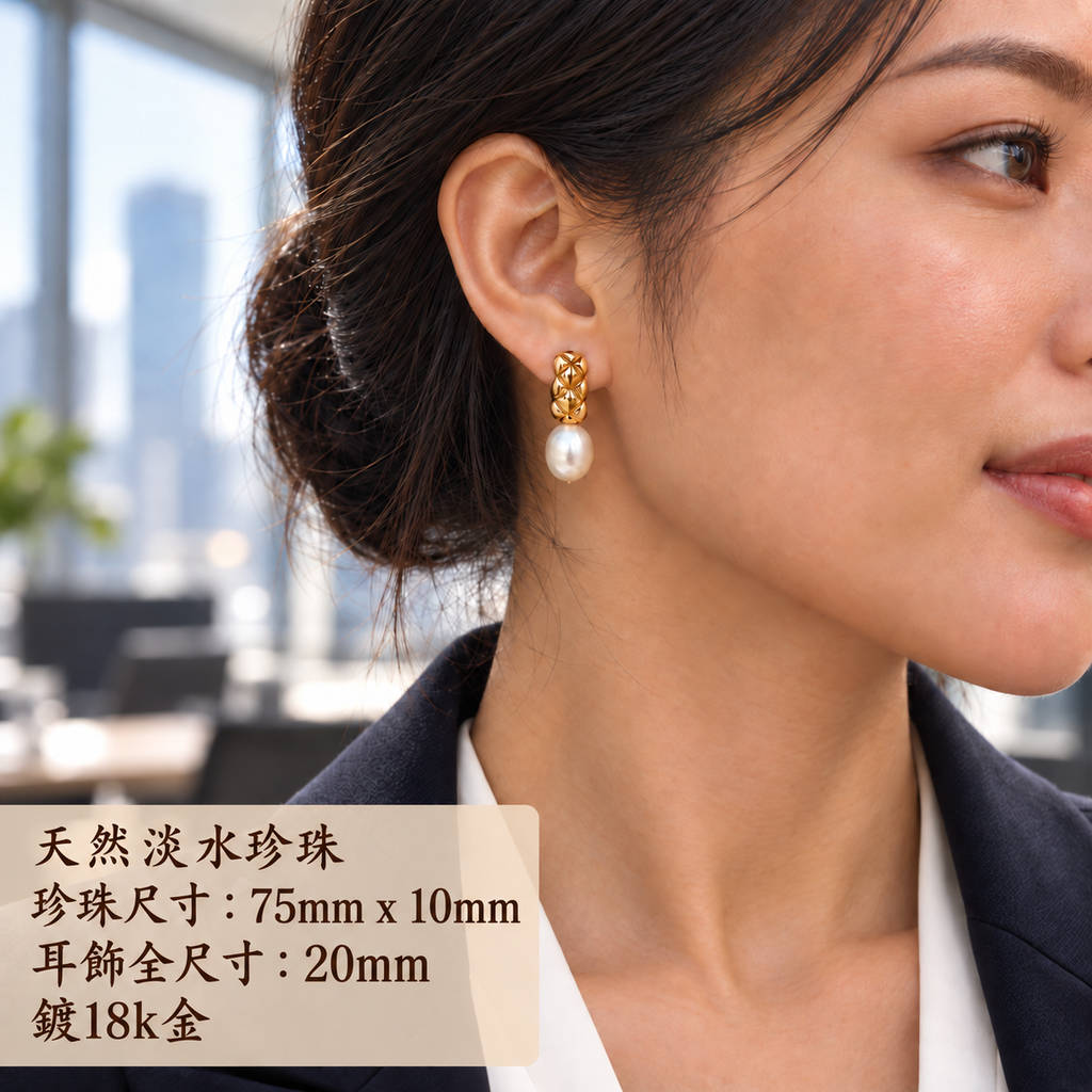 菱格紋鍍18K金淡水珍珠耳環 - 大珠版本