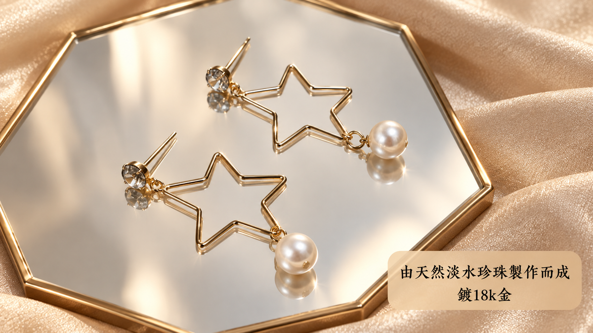 星形珍珠耳環鏡面金色背景