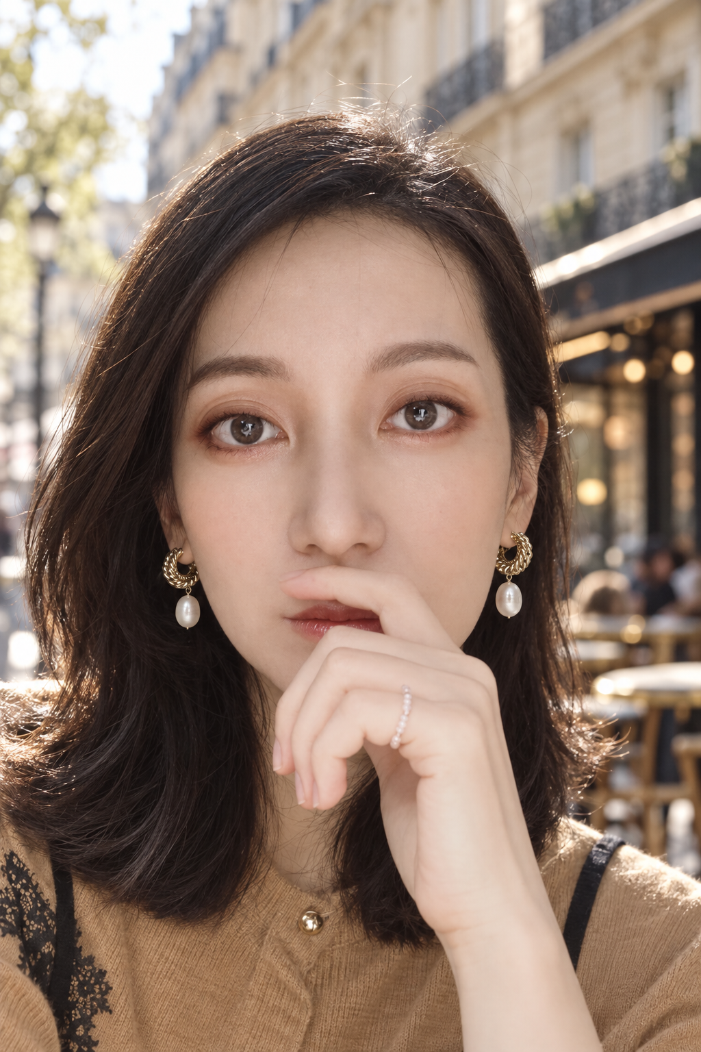 Old Money Design Earrings OM-02 - model wearing front view Paris cafe