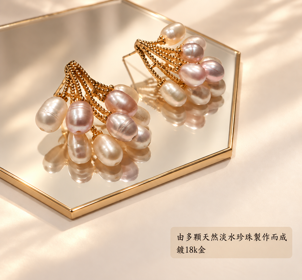 多珠扇形天然珍珠耳環 金托鏡面展示