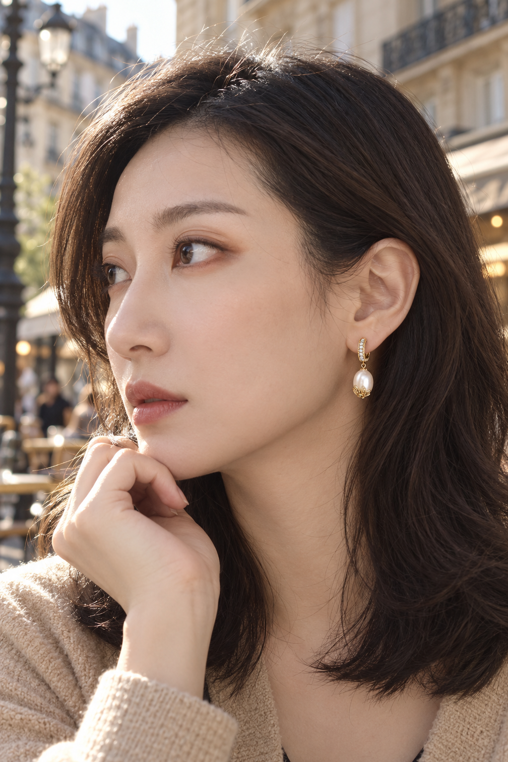 Classic Pearl Earrings CP-01 - model wearing front view